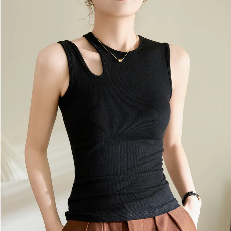#0432 Black Brown Sleeveless Tank Top Women Hollow Out Irregular Tank Tops Tees Femme Stretch Cotton Skinny Short Tops Summer 250415