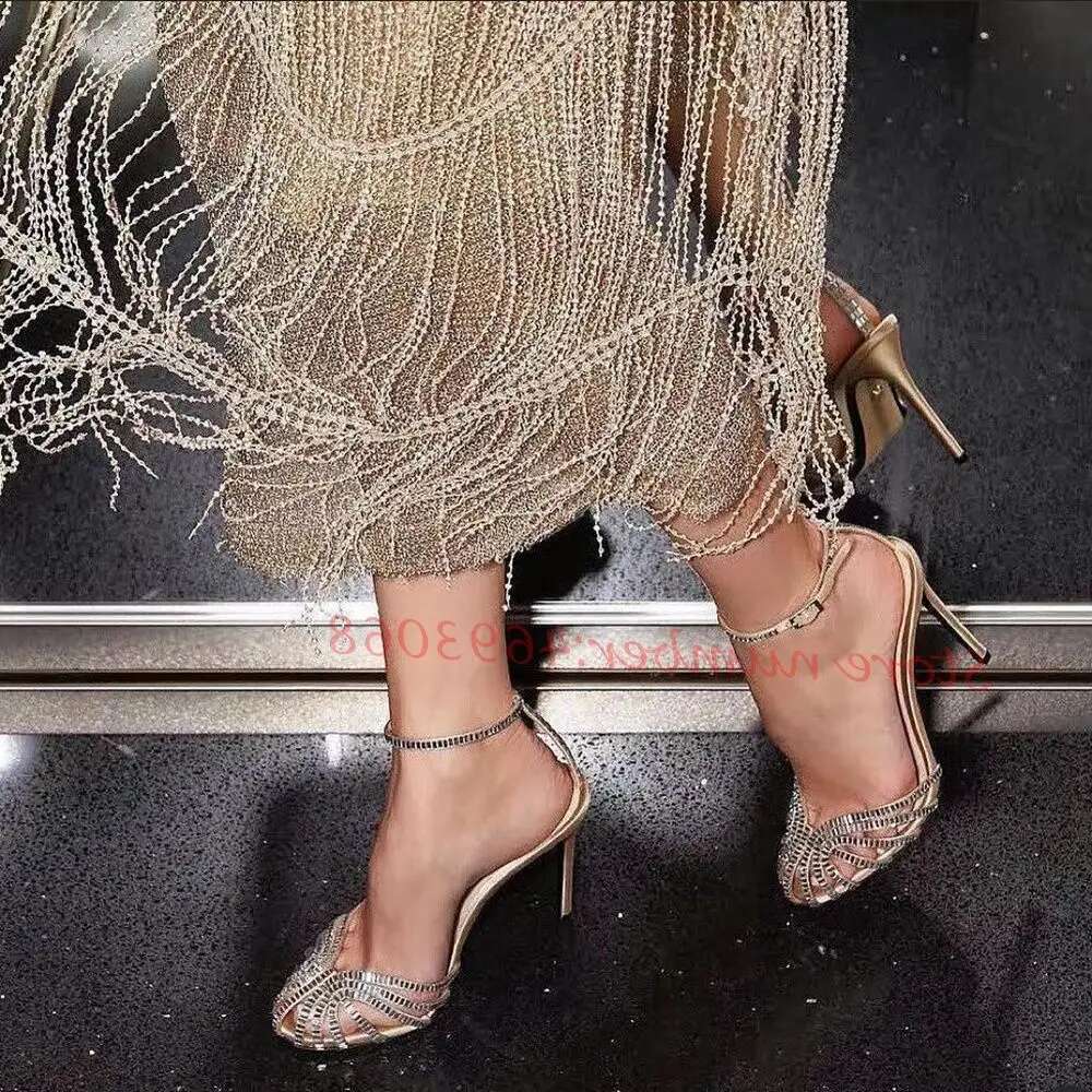 Green Crystal Women Brand Cross Strap Summer Vacation Shoes Stiletto Sexy Banquet Casual High Heels Sandals