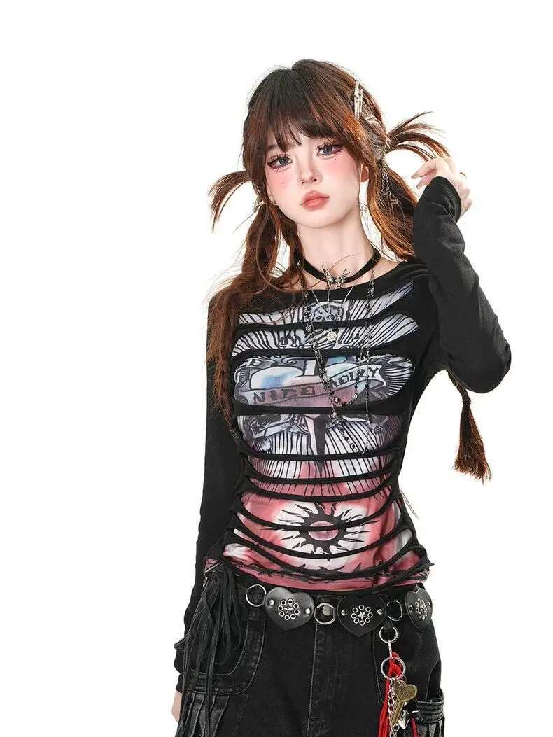 American Retro Street Non-mainstream Double-layer Three-dimensional Ripped Hole Decoration Hot Girl T-shirt Women Slim Waist Top
