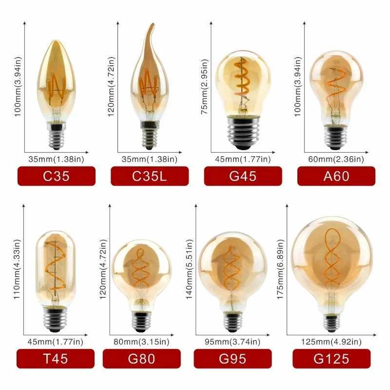 E14 E27 Retro LED Spiral Filament Light Bulb 4W Warm Yellow 220V C35 A60 T45 ST64 T185 T225 G80 G95 G125 Vintage Edison Lamp C251115