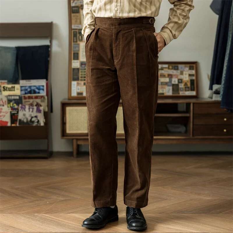 Red Tornado Corduroy Casual Pants in Brown Retro Style Pleated Gurkha Trousers