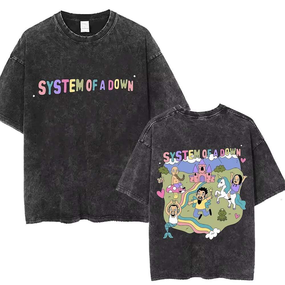 Washed Vintage System o Down Tshirt Men Women Cotton Quality Short Sleeve Tees Male Rock Music Band Cartoon Graphic T Shirts