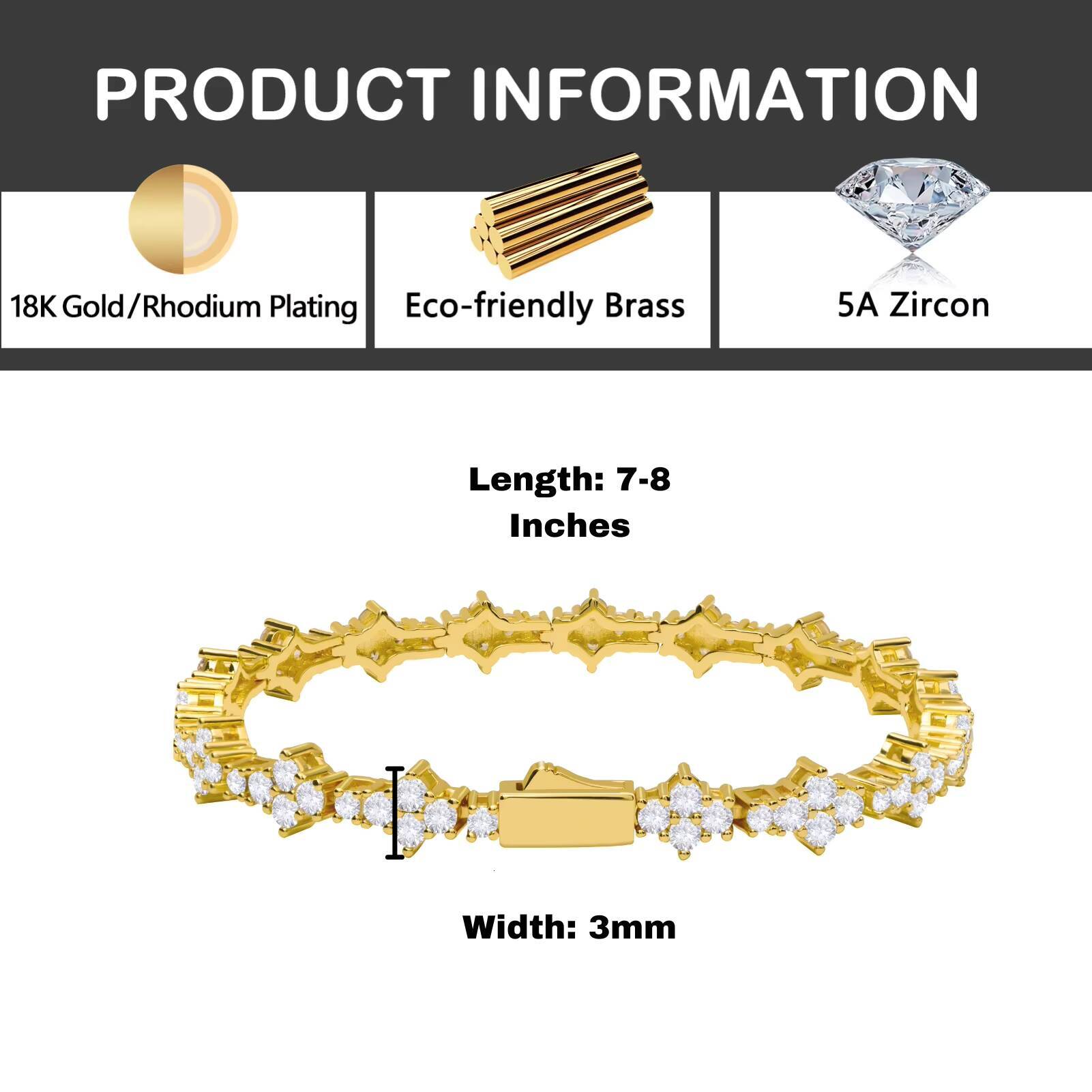 Popular Star Jewelry Hot Sale 3mm 5A Cubic Zirconia Diamond Tennis Chain Brass With 18K Gold Plated Bracelet for Gift Wedding