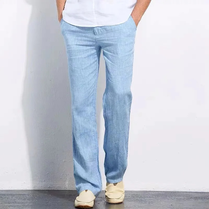 Retro mens pleated cotton linen casual pants drawstring side zipper elastic waist comfortable and breathable beach straight 250407