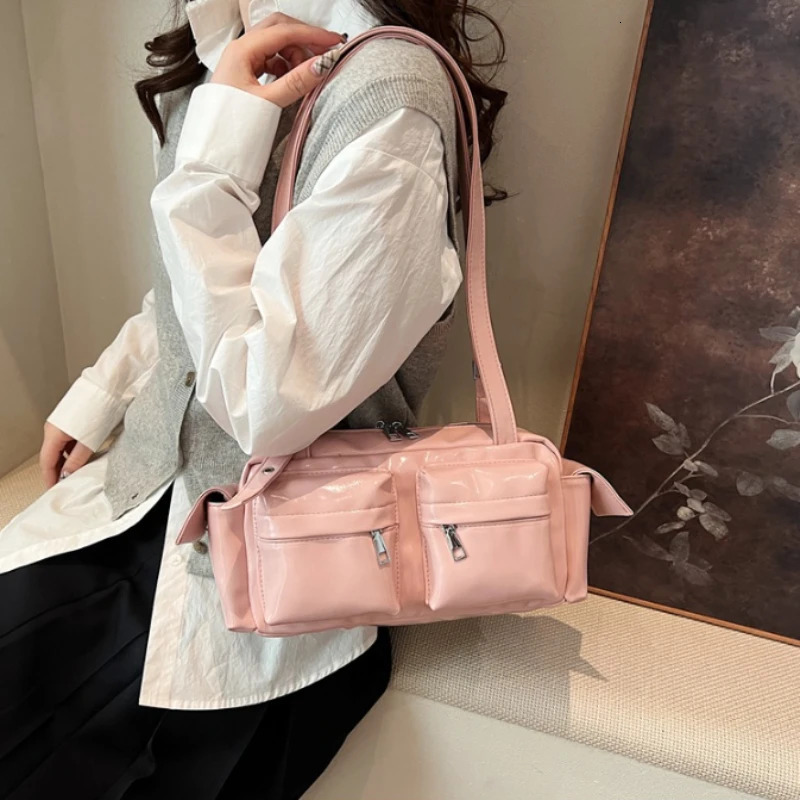 Korean style multi pocket shoulder bag underarm bowling bag niche womens pillow side pocket brown/pink/wine red handbag 250410