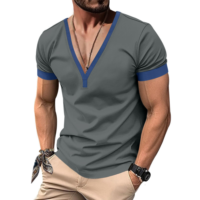 2025 American style spring and summer short sleeved Henry shirt men's V-neck contrasting color top casual slim fit T-shirt
