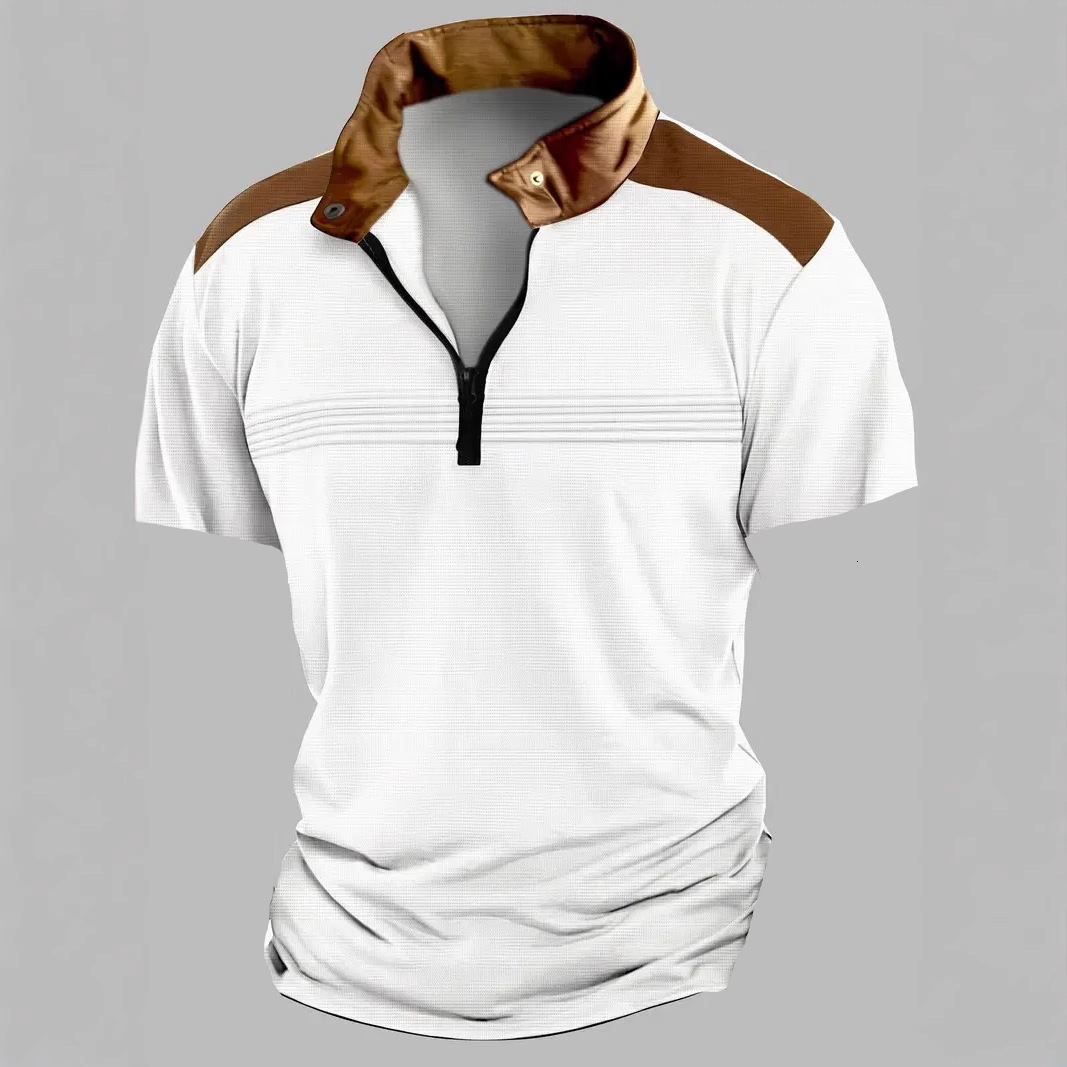 New spliced chest fold mens polo shirt with zipper and short sleeved sports polo shirt