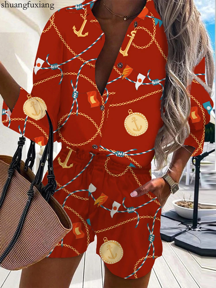 Autumn Casual Beach Outfits For Women Spring Half Sleeve Shirts Tops And Shorts 2 Piece Set Leopard Print Two Piece Sets 250415