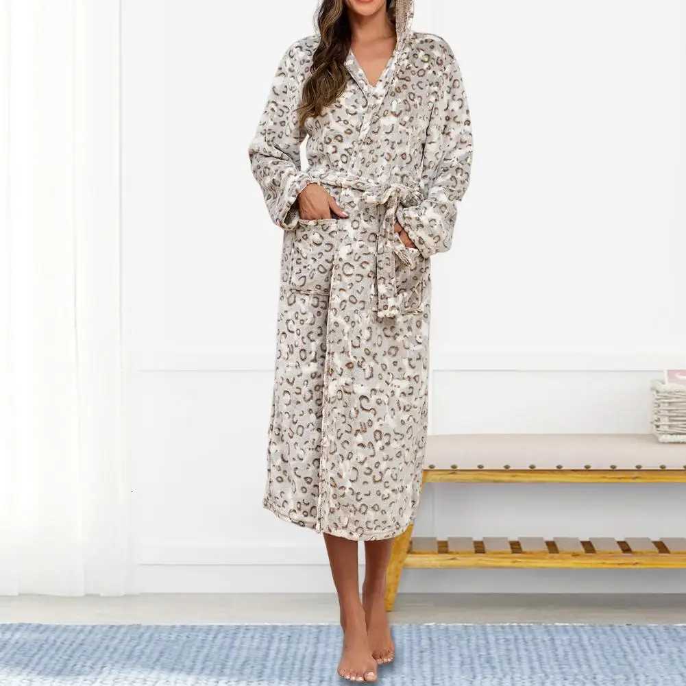Leopard Print Nightwear Cozy Flannel Hooded Nightgown with Adjustable Belt Pockets for Women Warm Winter Homewear Robe C251115