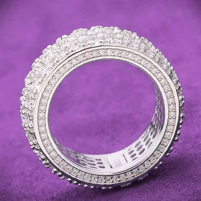 Luxury Hip Hop VVS D Color Moissanite Bling Mens Cluster 3 Rows Band Ring With 925 Sterling Silver Pass Diamond Tester GRA