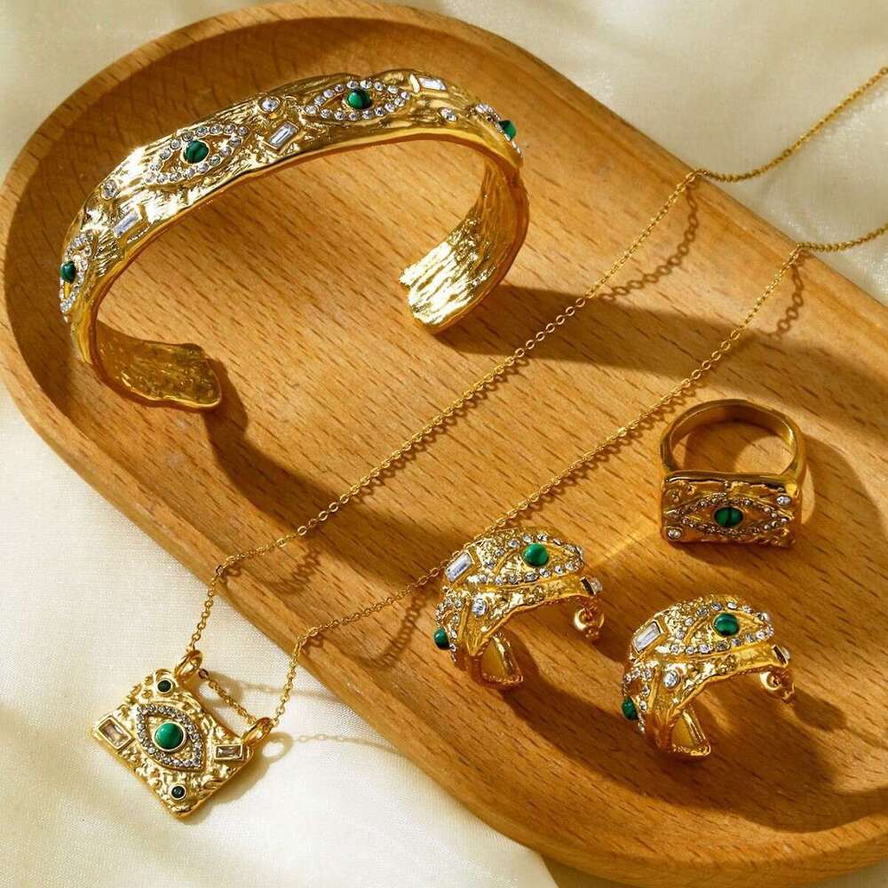 Texture Devil's Eye Square Pendant Necklace Ring Earrings Open Bracelet Titanium Jewelry Set