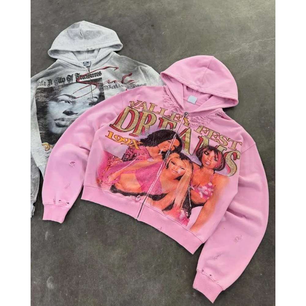 2025 Y2k American Haruku Retro Cartoon Printed Sweatshirt Men Casual Loose Hip Hop Oversized Zipper Hoodie Women