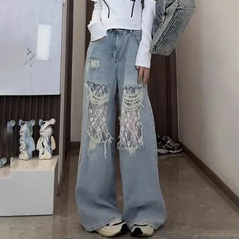 Womens open top jeans lace patchwork washing fashionable casual jeans womens fashion high waisted straight denim shorts 250415