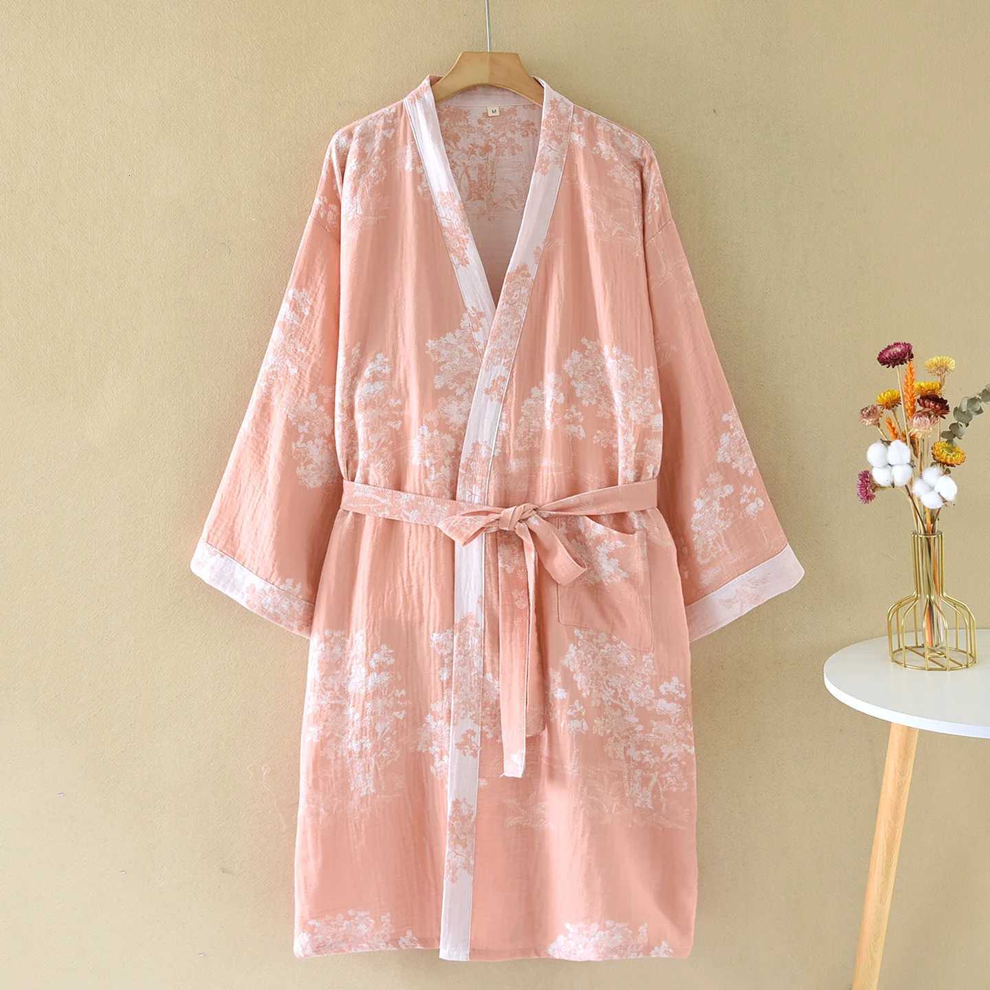 Retro Jacquard Cotton Double-layer Gauze Bathrobe National Style Cardigan Large Size Medium Length Floral Printing Bath Robe C251115