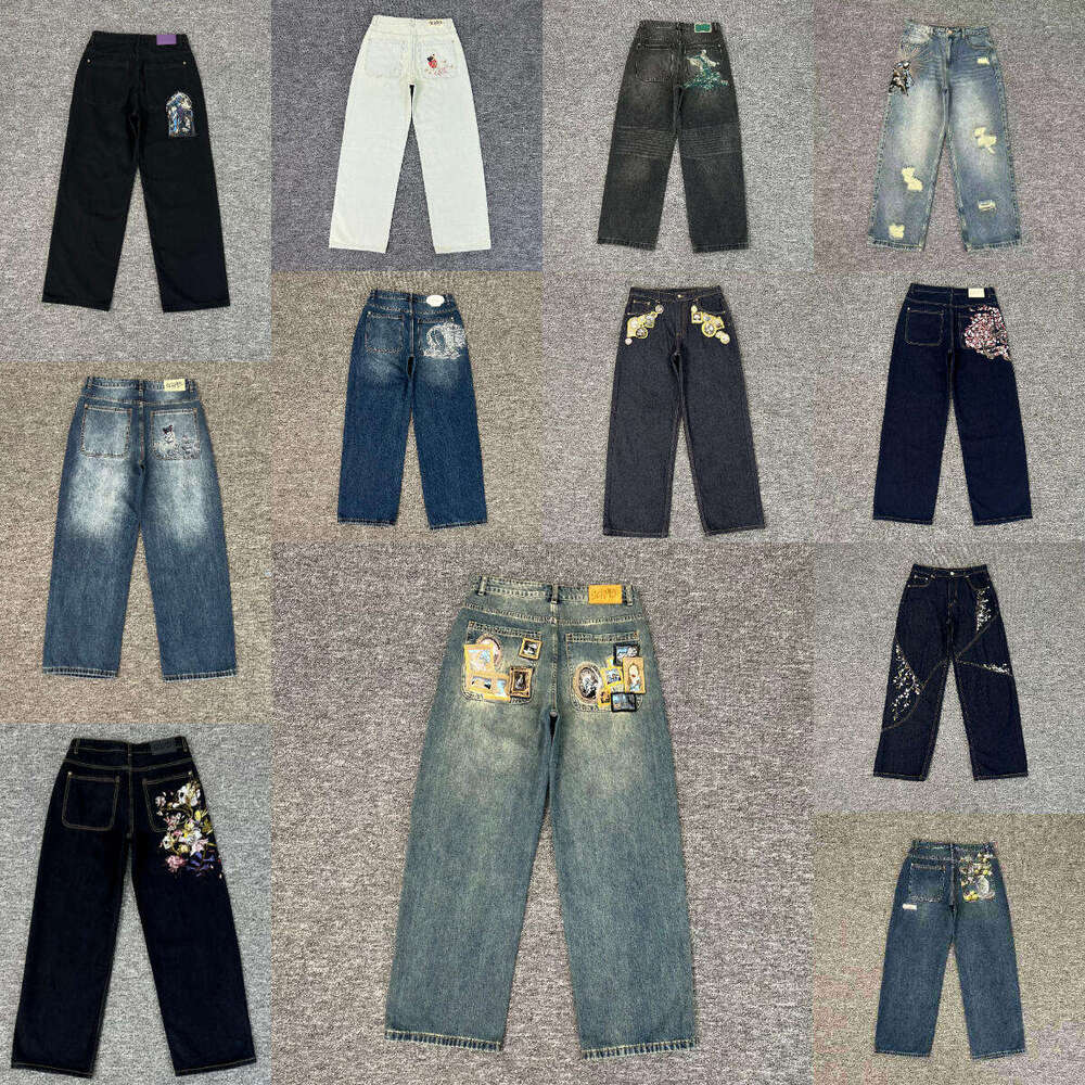 Derschutze jeans for mens designer pants Embroidered Cherry Blossoms Denim Trousers quality streetwear Vintage Straight Wide Leg baggy jeans