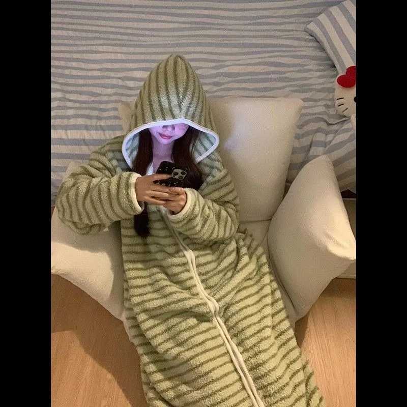 Striped Robe Women Korean One Piece Pajamas Hooded Nightgown Winter Zipper Fleece Thickened Warm Loungewear Home Suit 20250New C251115