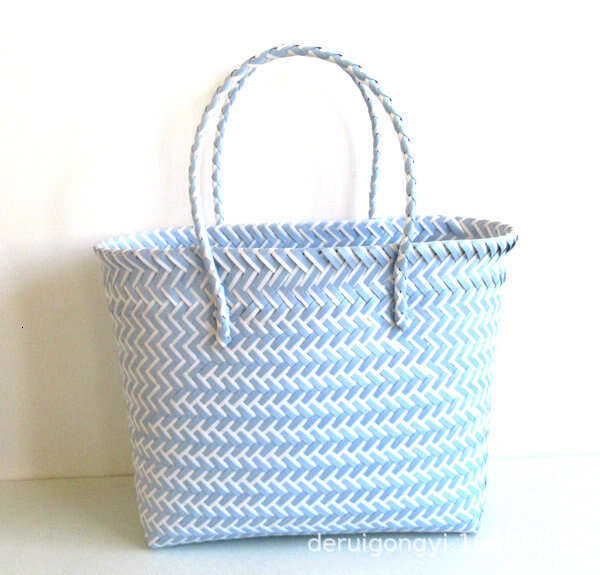 Handmade Beach Bag New Plastic Strapping, Woven Hand-Held Vegetable Basket Striped Color Blocked Beach Bag, Fashionable Women's Bag Kq2