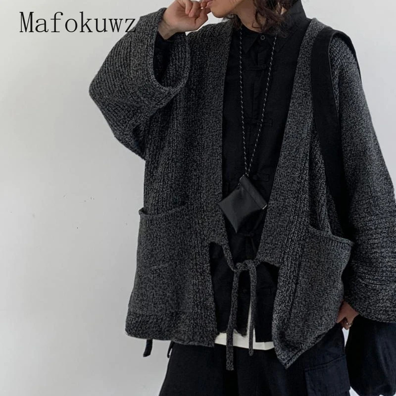 Autumn Retro Gray Knitted Cardigans Couple Loose Casual High Street Personalized Cardigan Sweaters Men Tops Male Clothes 250409