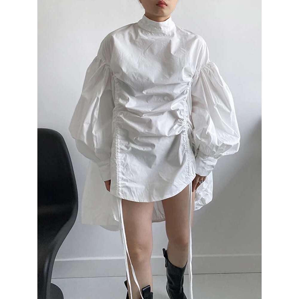 EAM Women Irregular Drawstring Big Size White Blouse New Stand Collar Long Sleeve Shirt Fashion Tide Spring Autumn 2025 1Z189