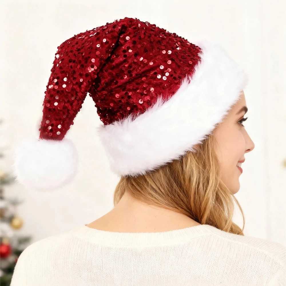 Christmas Hat with Sequins Bow Design Plush Warm Enlarged Thickened Holiday Party Decoration Hats for Women Beanie Winter Hat Y251115