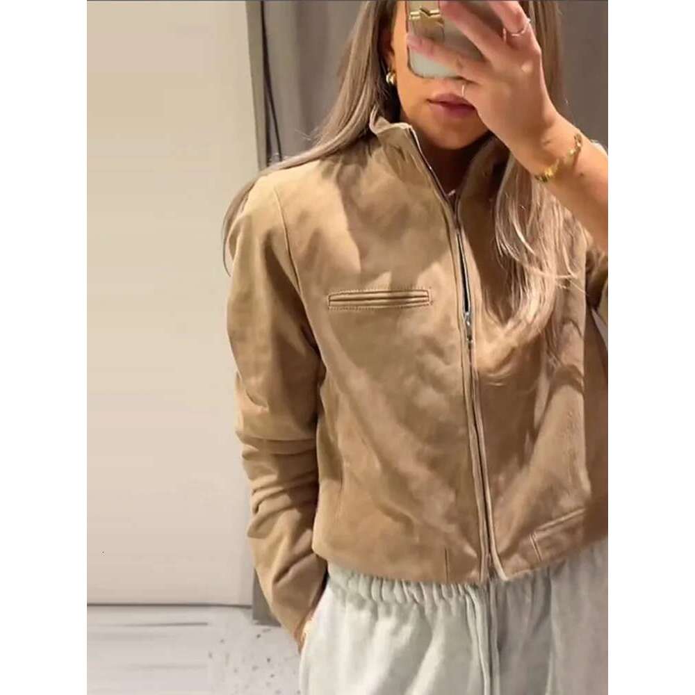Designer Clothes Stand Collar Suede Zipper Short Jackets Women Casual Slim Brown Long Sleeved Jacket Female Spring Chic Daily Style Outwear Tops
