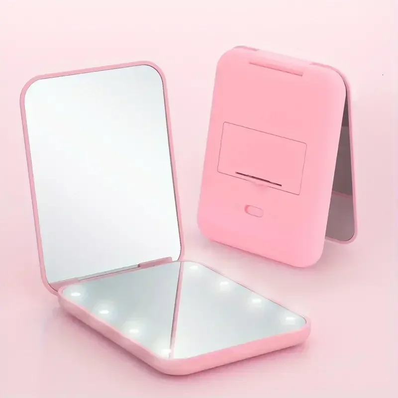 Mini Compact Led Makeup Mirror With Light 2X Magnifying Small Pocket Portable Travel Pink Black Foldable Cosmetic Vanity Mirrors 250415