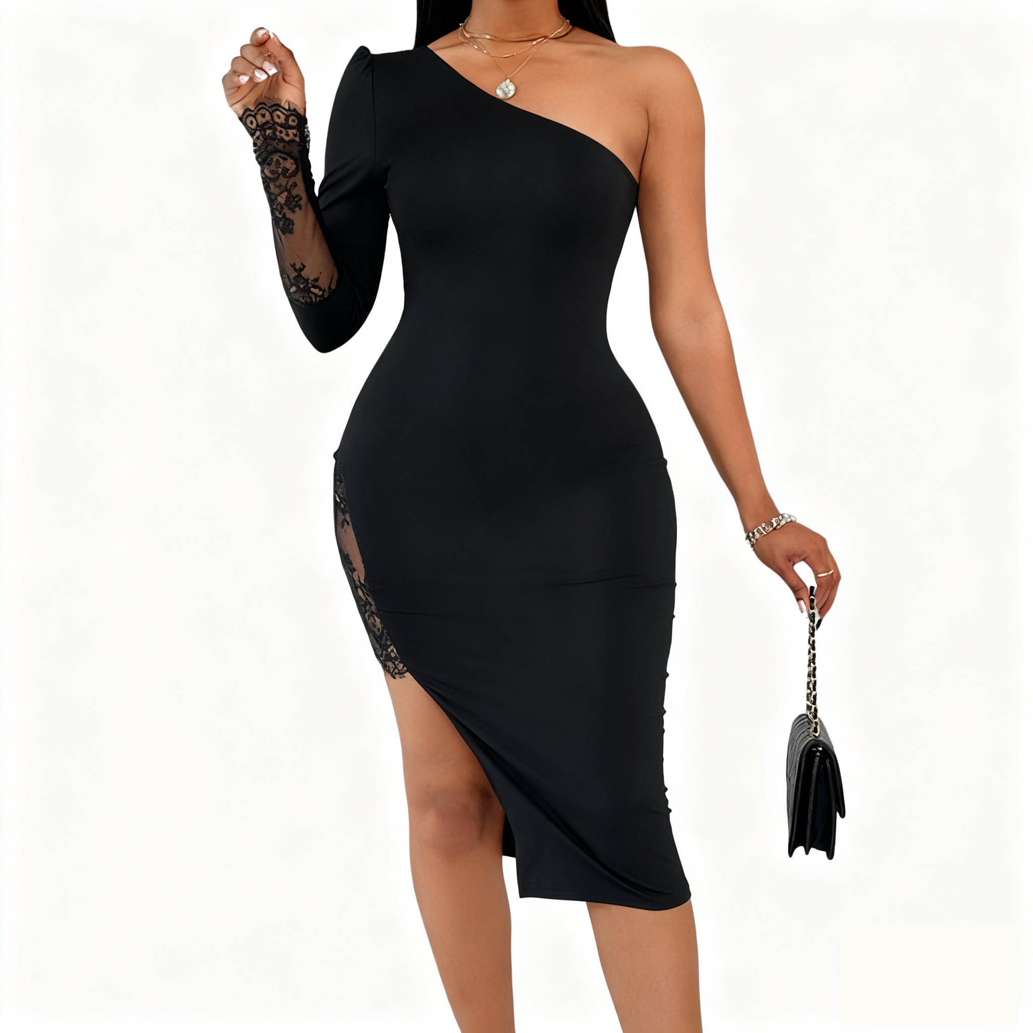 Urban Sexy Dresses Women's Black One-Shoulder Bodycon Midi Dress - Lace Sleeve & Side Split Slim Fit Dress, Elegant Evening Party & Cocktail Form