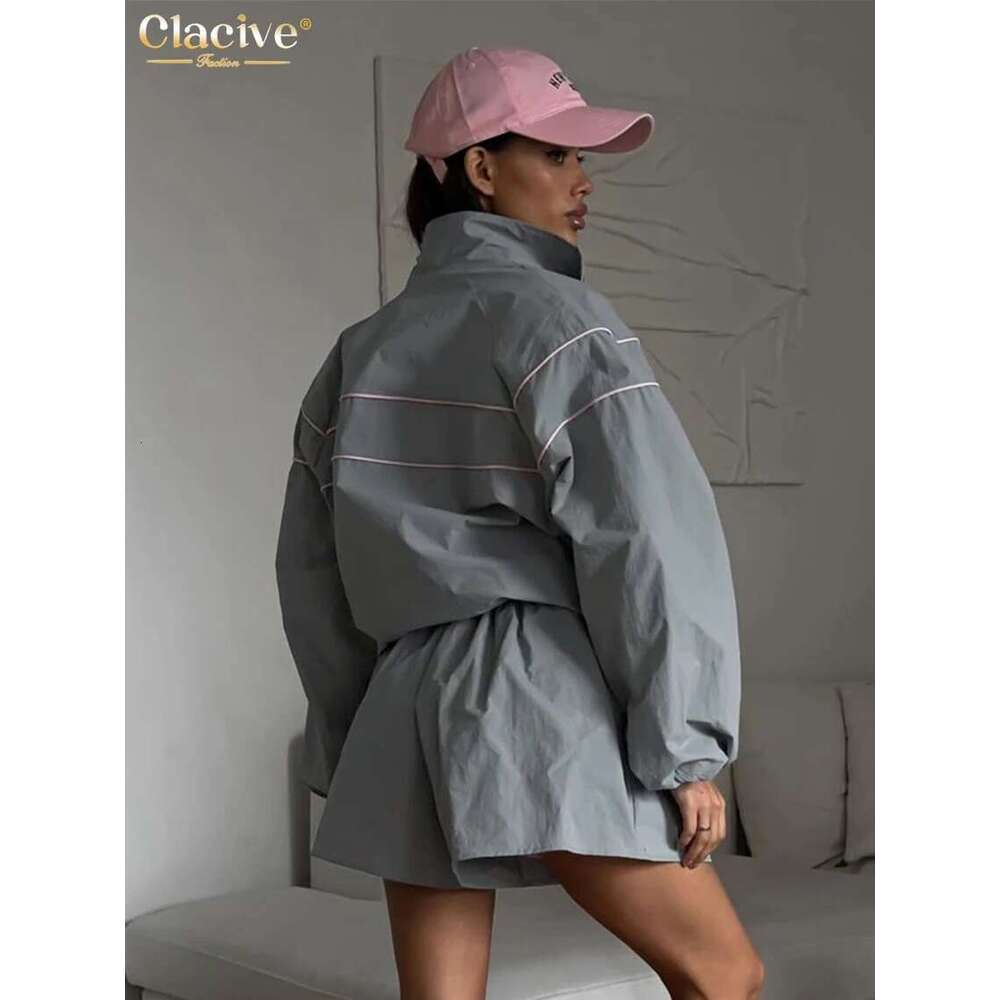 Clacive Fashion Loose Gray 2 Piece Sets Women Outfit 2024 Elegant Long Sleeve Shirt With High Waist Shorts Set Female Streetwear