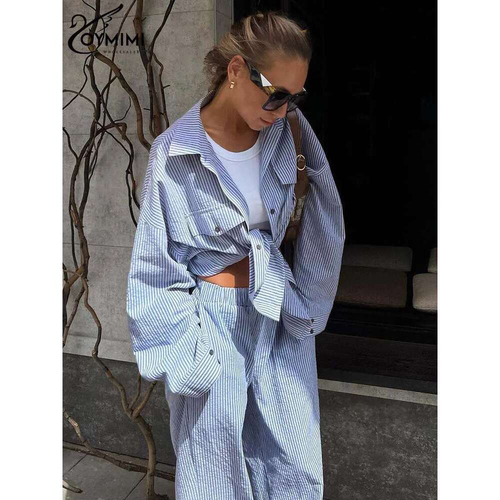 Oymimi Casual Dark Blue Print Women's Two Pieces Elegant Long Sleeve Button Shirt And Low Waist Straight Trousers Female Set