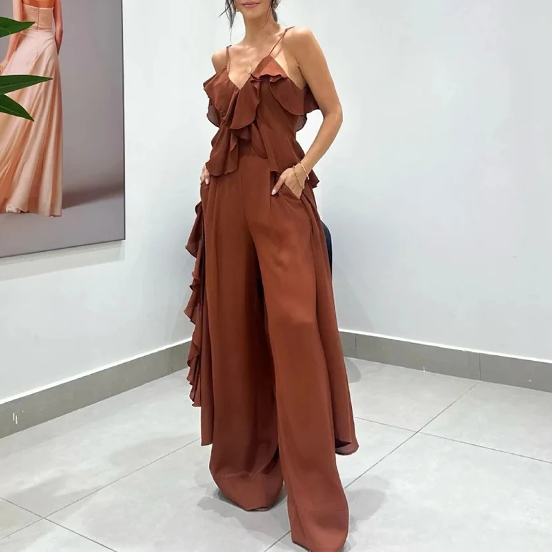 Tempered solid V-neck suspension top and wide leg pants set for womens elegant solid pleated two-piece clothing womens chiffon set 250415