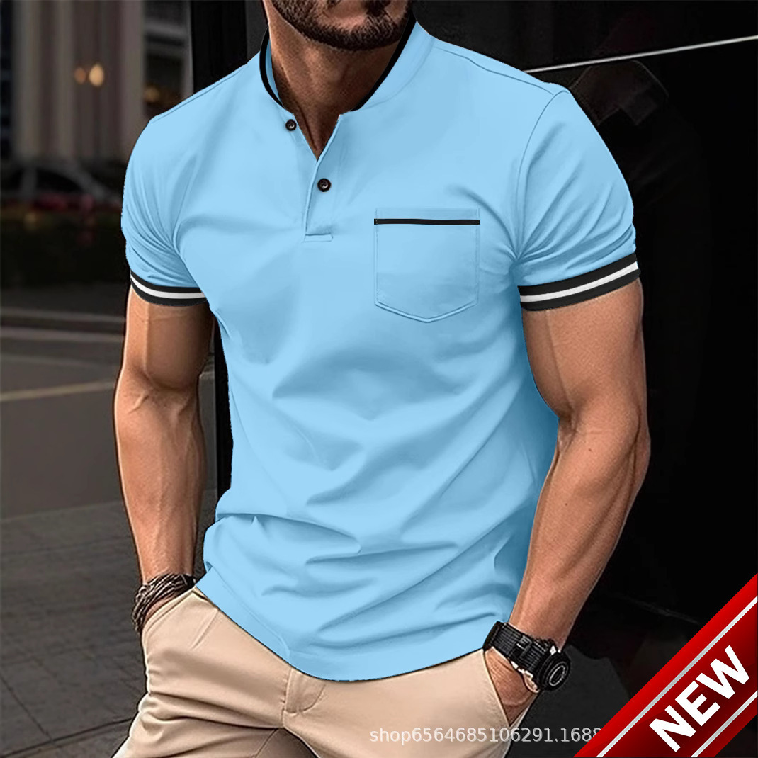 Spring Fashion Mens Short Sleeve Solid Color Stand up Collar Pocket Henley Shirt Polo Shirt