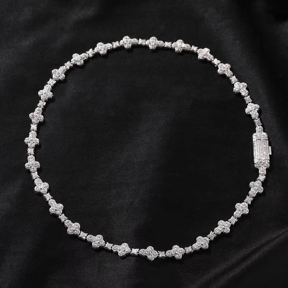 Stylish New Arrival Fashion Femme Design 925 Silver VVS Moissanite Diamond Iced Out Four Leaf Clover Cross Tennis Chain Bracelet