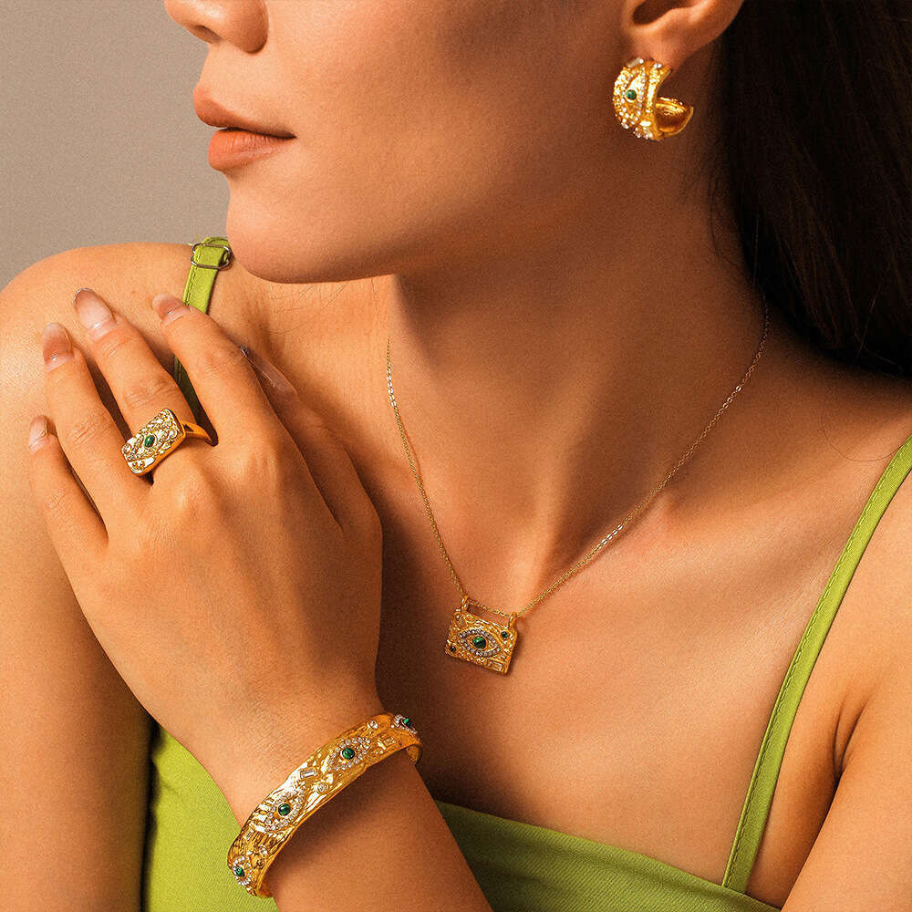 Texture Devil's Eye Square Pendant Necklace Ring Earrings Open Bracelet Titanium Jewelry Set