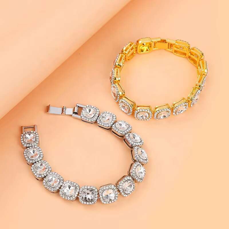 DHcollection Renqing Hot Sell Sier Gold Metal Hip Hop Alloy With Glass 12mm square Cuban Chain Bracelet for Women Men