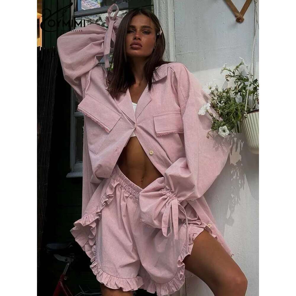 Oymimi Elegant Pink Cotton For Women 2 Pieces Fashion Pockets Long Sleeve Lace-Up Shirts And High Waist Ruffled Shorts Sets