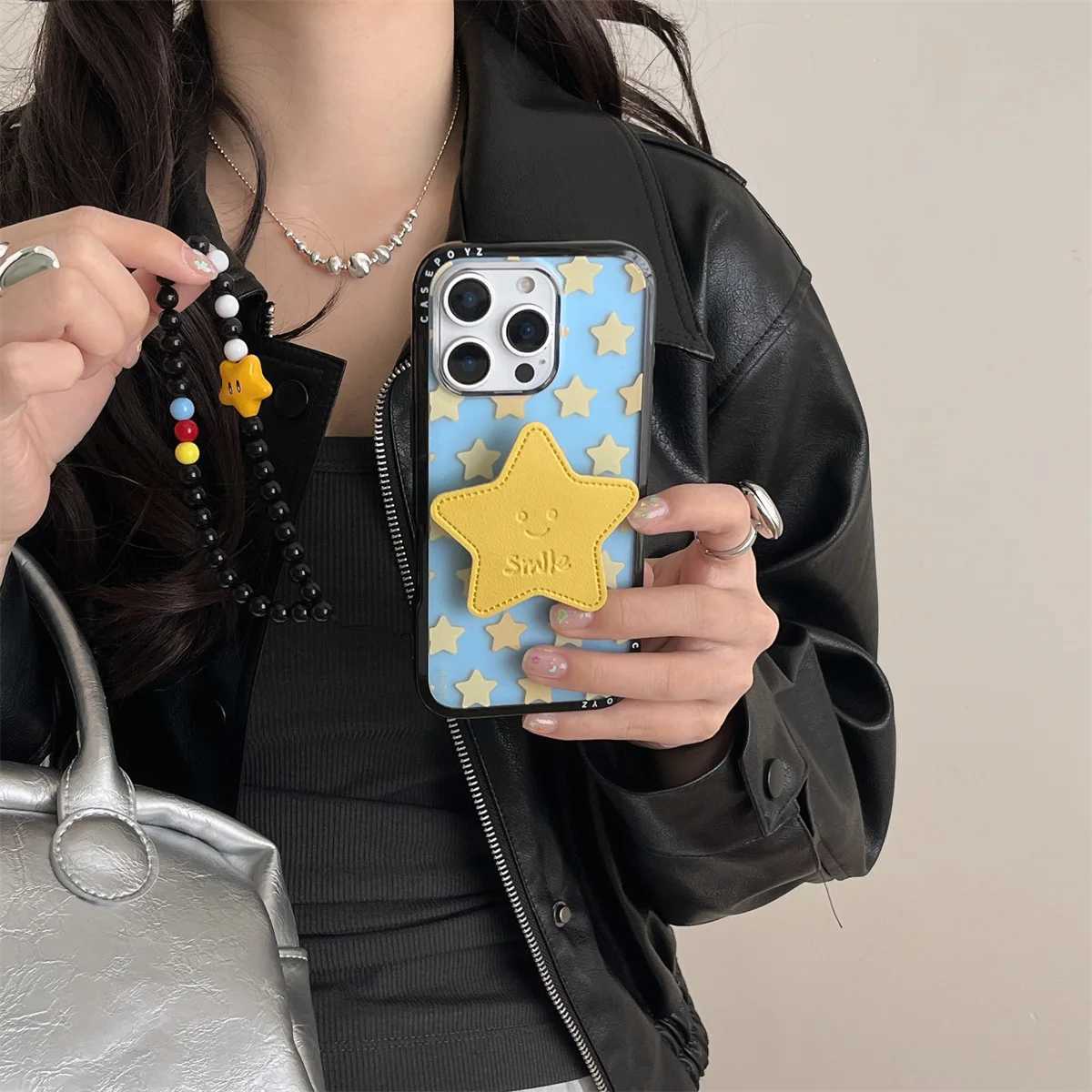 Cute new yellow five-pointed star bracket lanyard Phone Case For iPhone 16 15 14 13 Pro Max fundas iphone 15 case Protective J251202