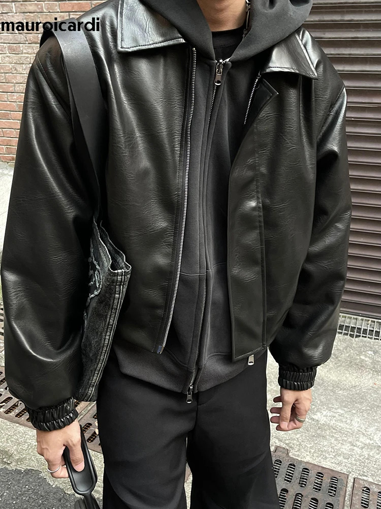 Mauroicardi Spring Autumn Cool Oversized Short Black Soft Pu Leather Jacket Men Zipper er American Vintage Clothes 250409