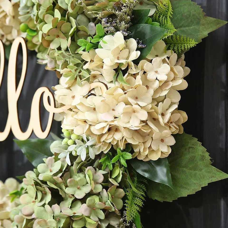 40cm Artificial Hydrangea Wreath Home Garland Front Door Decoration Wall Background Christmas Decor Hello Wreath Outdoor Decor M251115