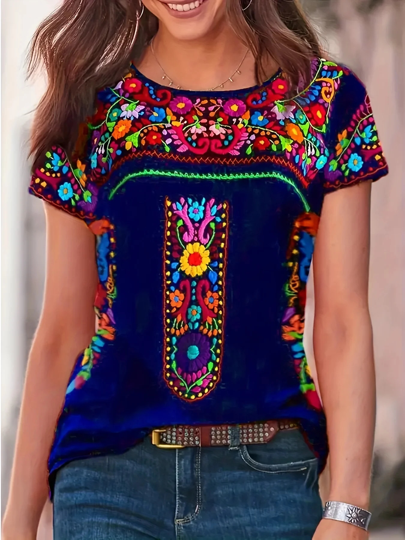 Plus Size Boho T-shirt Womens Plus Floral Print Short Sleeve Round Neck Slight Stretch T-shirt 250415