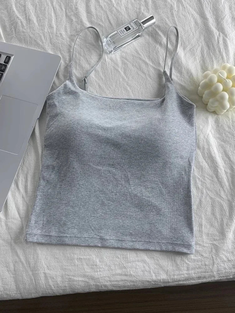 Womens builtin bra spaghetti strap tank 2025 summer Camis casual top womens solid color Korean style 250414Z
