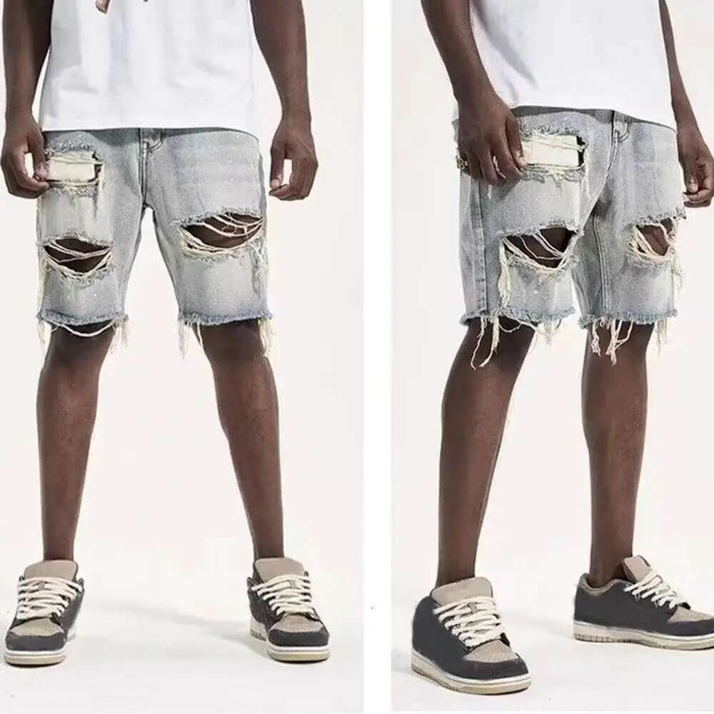 Ripped Holes Men's Summer Distressed Denim Shorts Stylish Button Fly Multi-Pocket Design Slim Fit For Youthful