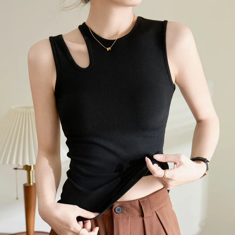 #0432 Black Brown Sleeveless Tank Top Women Hollow Out Irregular Tank Tops Tees Femme Stretch Cotton Skinny Short Tops Summer 250415