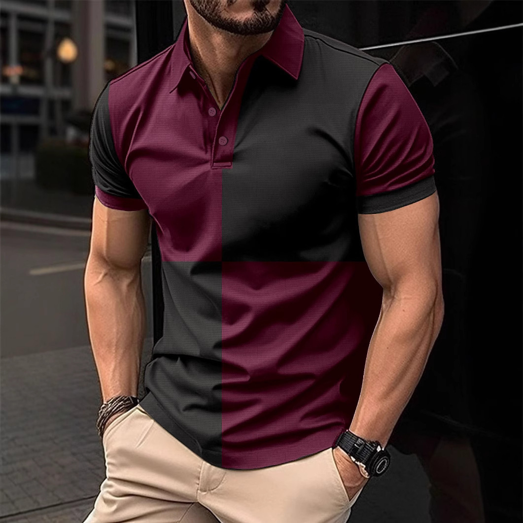 Ins new mens casual sports polo shirt short sleeved color blocked lapel mens top