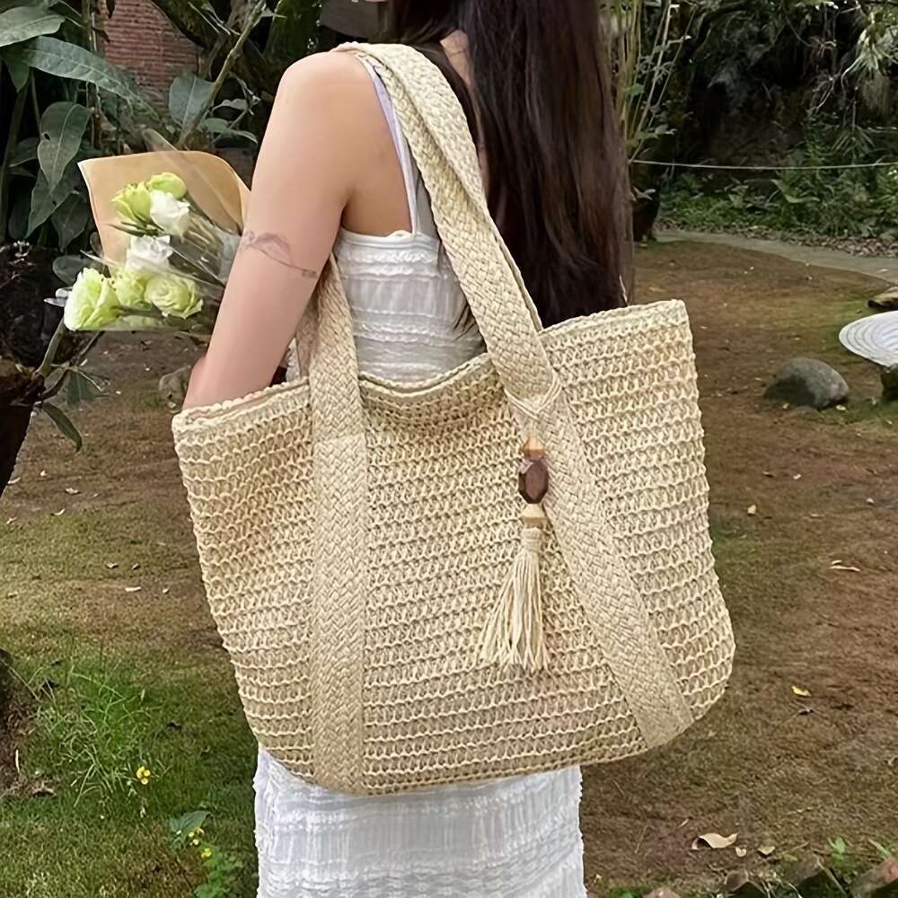 Handmade Beach Bag Woven Solid Color Grass Casual Woven Large Capacity Tote Vacation Beach Bag, Women's Bag Kq2