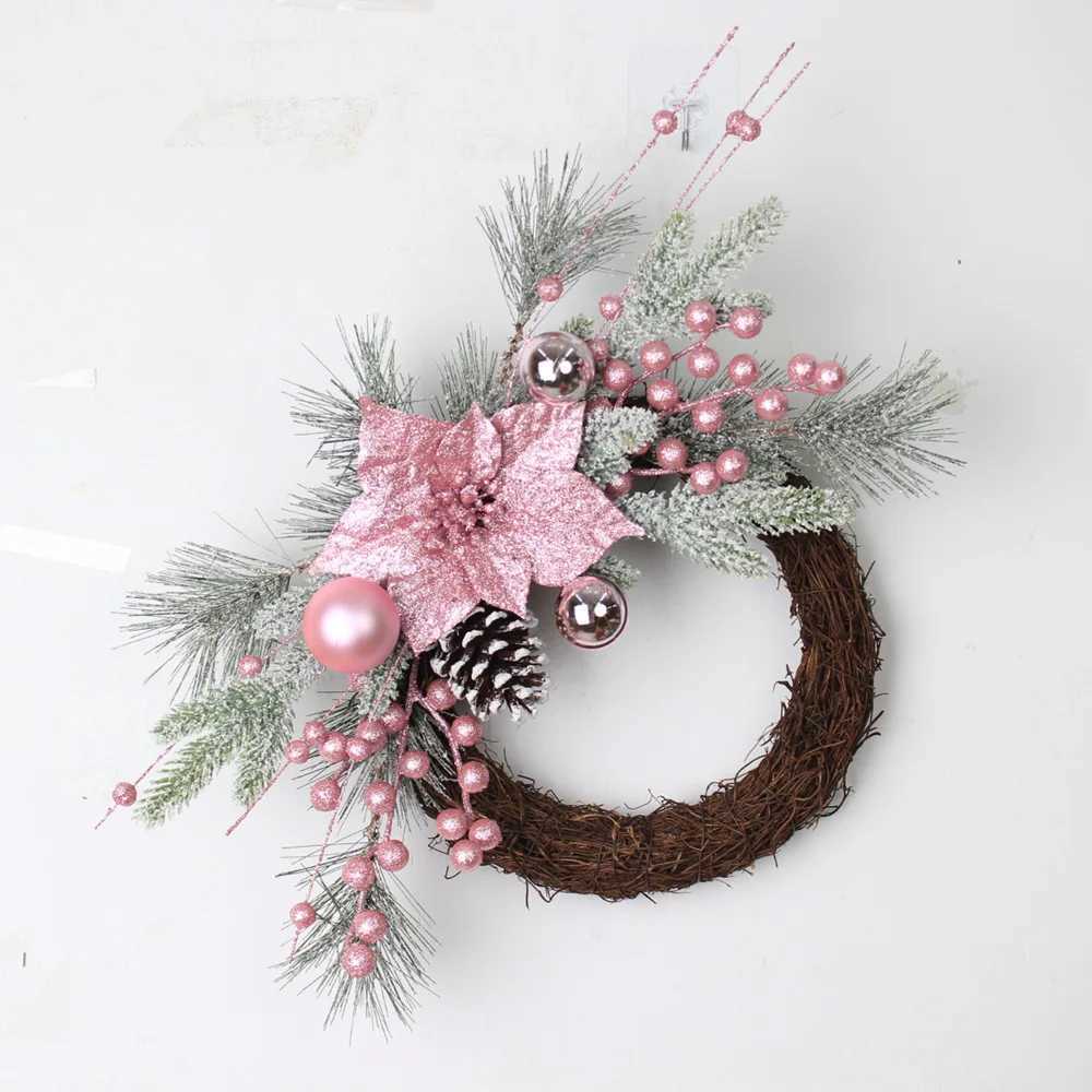 Hot Pink Christmas Wreath Decor with Balls Artificial Plant Rattan Garland Christmas Rattan Hanging Ornament for Home DecorM251115