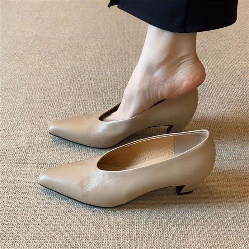 Low Designer Shoe Heels for Women 2025 Fall Leather Comfortable Pointed Toe Work Shoes Soft Sole