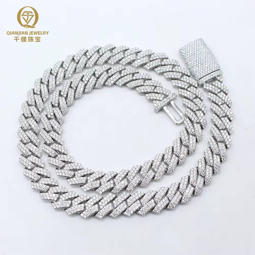 In Stock Luxury Jewelry Prong Setting 12mm Two Rows VVS Iced Out Moissanite Diamond White S925 Sterling Silver Cuban Link Chain