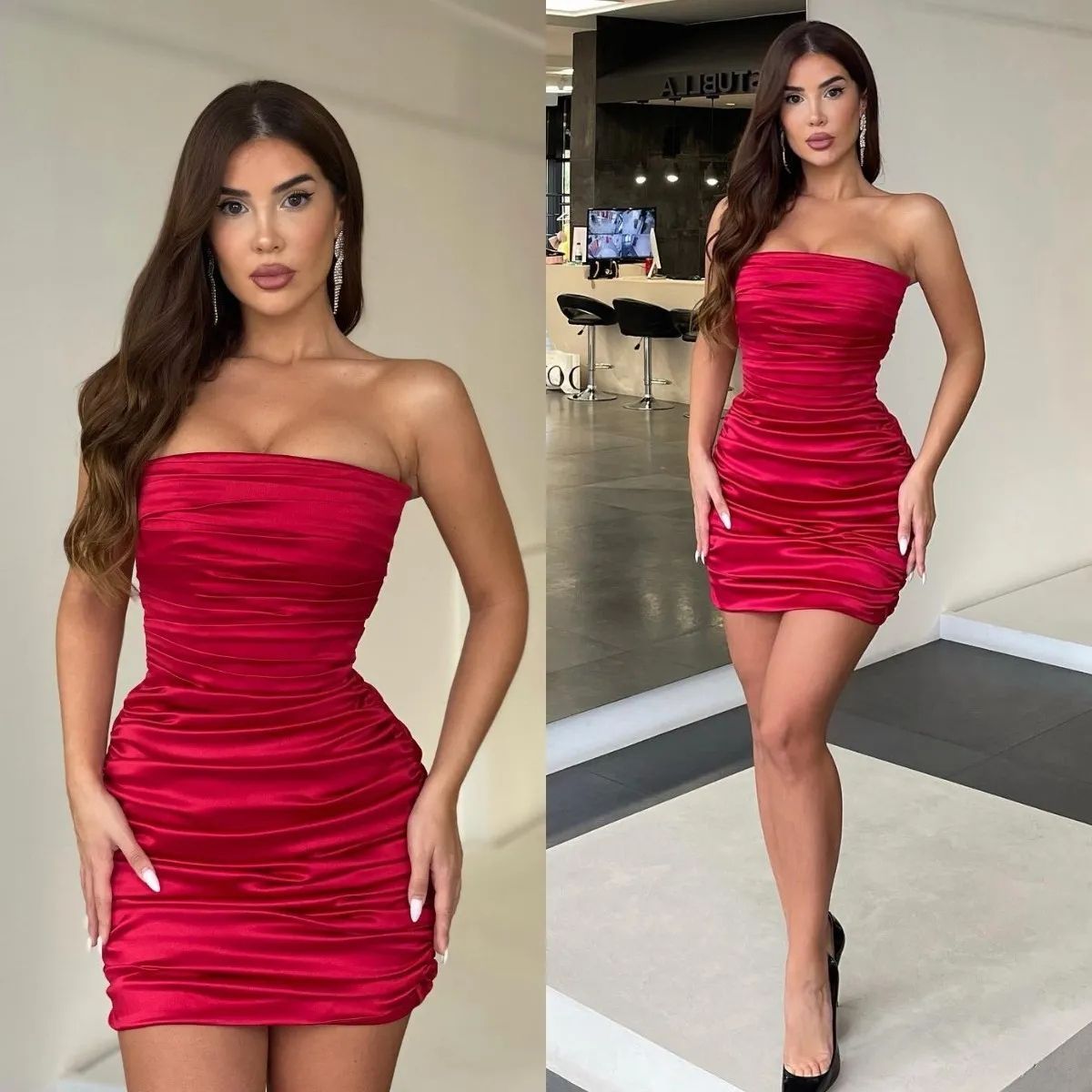 Sexy Red Cocktail Dress Strapless Pleats Short prom dresses mini party homecoming Special Occasion dress Custom Made 01