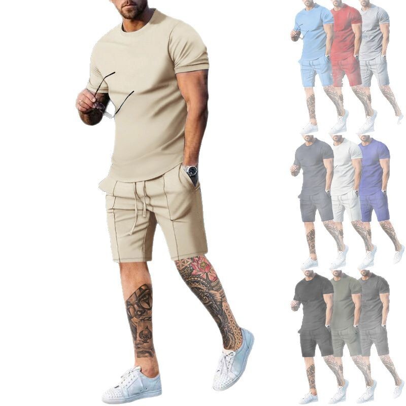 2025 Men's Wear Summer Sports and Leisure Solid Color Round Neck T-shirt Short Sleeve Set for Men