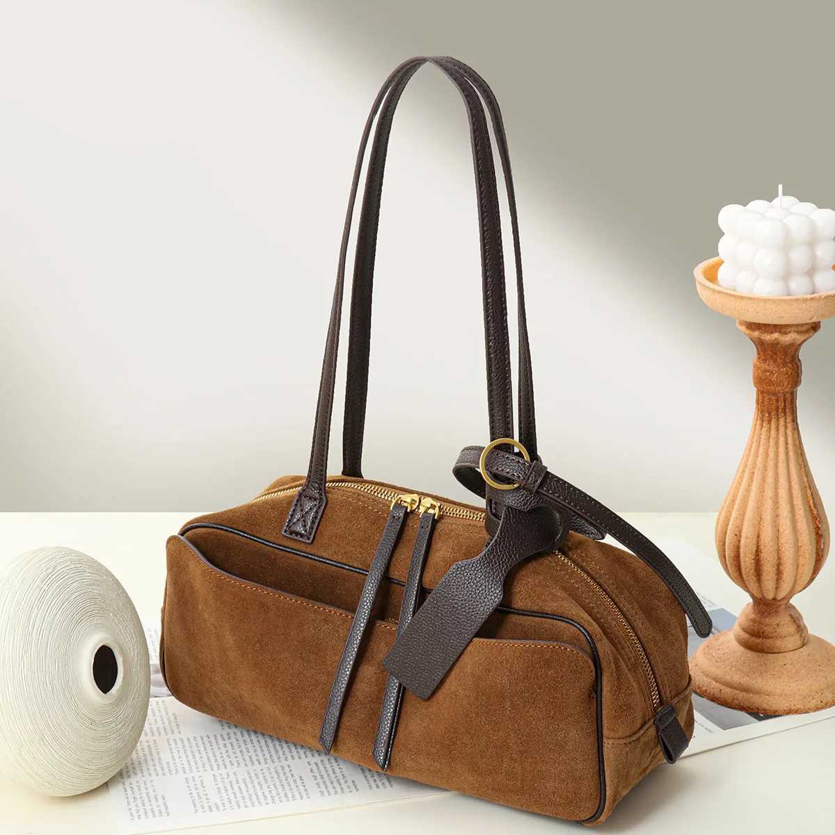 Niche Matte Cowhide Bowling New Commuter Large Capacity Boston Genuine Leather Handbag Shoulder Bag For Women Top-handle BagsW251115